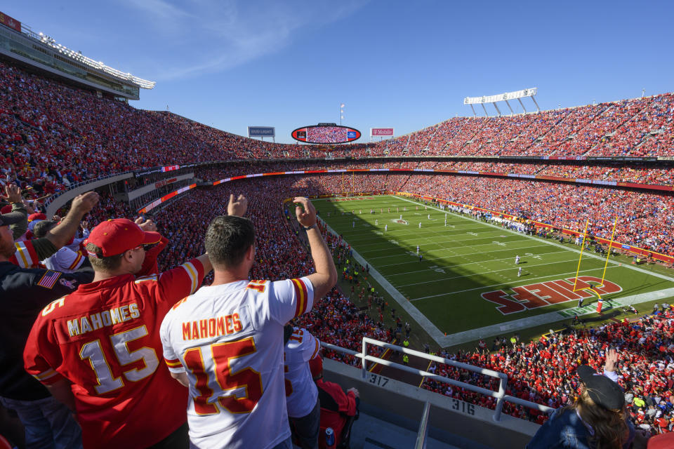 FILE - Kansas City Chiefs fans do the "tomahawk chop" before the start of an NFL football game against the Buffalo Bills, Sunday, Oct. 16, 2022, in Kansas City, Mo. Rhonda LeValdo and dozens of other Indigenous activists from Kansas City and around the country are gathering this weekend in Las Vegas ahead of Sunday’s game to demand that the Kansas City Chiefs change their name, the fan-driven “tomahawk chop” and retire “any and all Native American appropriation owned and used by the team,” according to a statement by Not In Our Honor, the group LeValdo founded and leads.(AP Photo/Reed Hoffmann, File)