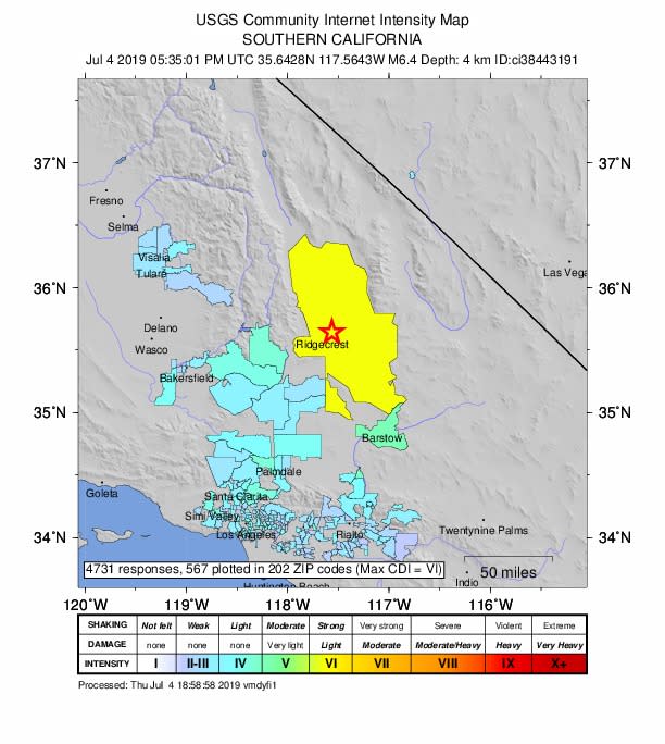 Map by the U.S. Geological Survey depicts the intensity of the 6.4 magnitude earthquake that hit southern California on Thursday morning. | U.S. Geological Survey