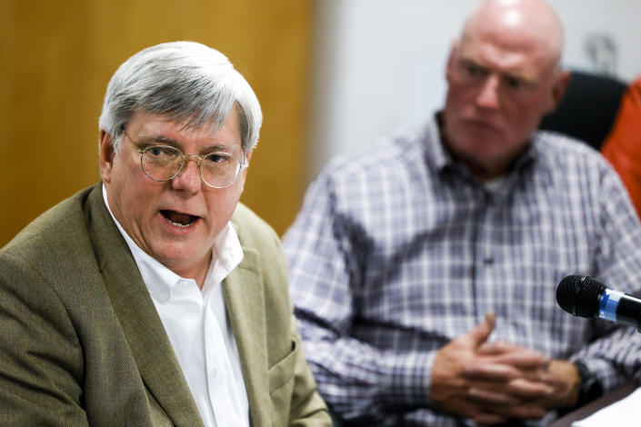 Woodland Park School Board Interim Superintendent Kenneth Witt, left, speaks during the Woodland Park School District Board of Education meeting on April 12, 2023 in Woodland Park, Colo. (Michael Ciaglo for NBC News)