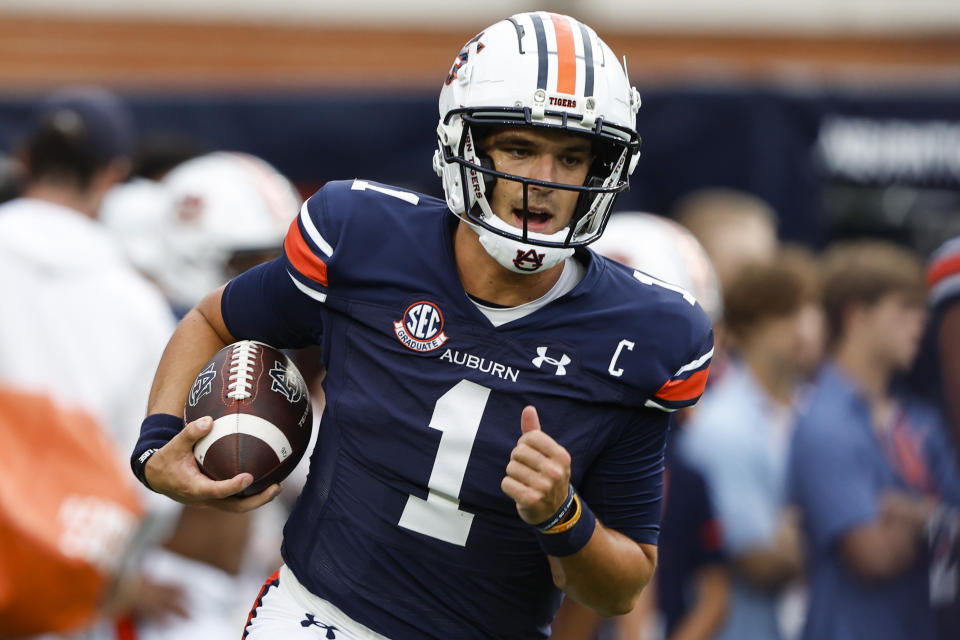 Auburn quarterback Payton Thorne warms up before an NCAA college football game against Samford, Saturday, Sept. 16, 2023, in Auburn, Ala. (AP Photo/Butch Dill)