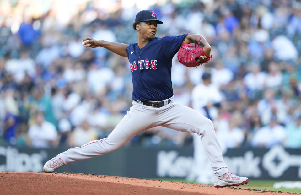 Boston Red Sox starting pitcher Brayan Bello throws against the Seattle Mariners during the first inning of a baseball game, Tuesday, Aug. 1, 2023, in Seattle. (AP Photo/Lindsey Wasson)