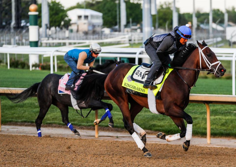 Kentucky Derby contender Kingsbarns works out on the track at Churchill Downs on Sunday morning, April 23, 2023 in Louisville, Ky.