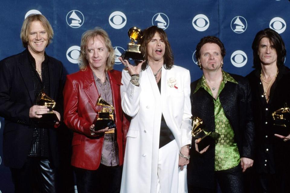 Tom Hamilton, Brad Whitford, Steven Tyler, Joey Kramer and Joe Perry of Aerosmith | Kevin Mazur/WireImage