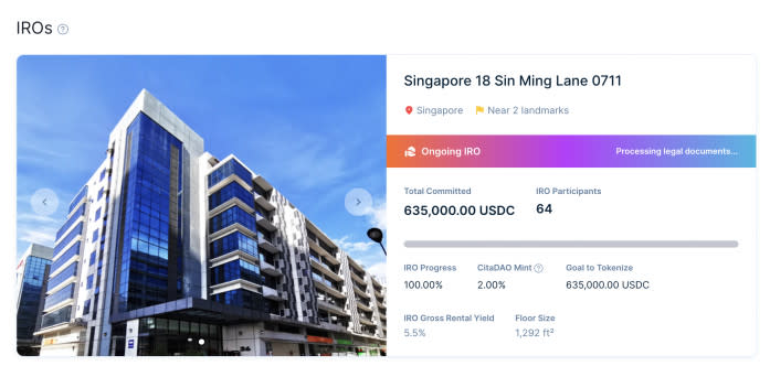 CitaDAO IRO Success: 18 Sin Ming Lane, Singapore