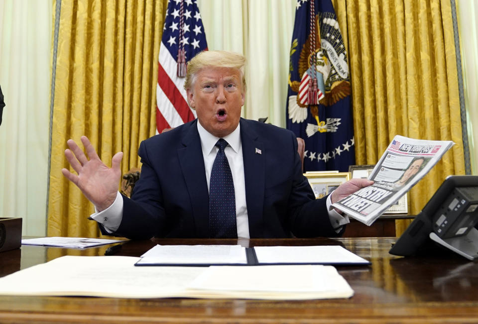 President Donald Trump speaks before signing an executive order aimed at curbing protections for social media giants, in the Oval Office of the White House, Thursday, May 28, 2020, in Washington. (AP Photo/Evan Vucci)