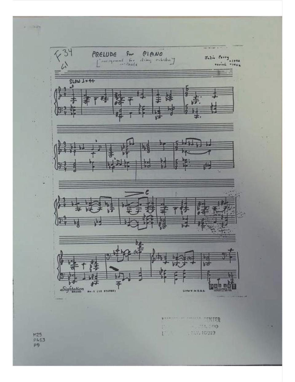 Julia Perry's handwritten score for her Prelude for Piano.