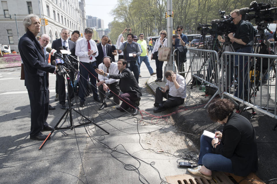 J. Michael Dowling, attorney for Najibullah Zazi, speaks to reporters after his sentencing outside Brooklyn Federal court, Thursday, May 2, 2019, in New York. Zazi who plotted to bomb New York City's subways and then switched sides and helped the U.S. prosecute terrorists after his arrest has been sentenced to 10 years in prison. (AP Photo/Mary Altaffer)