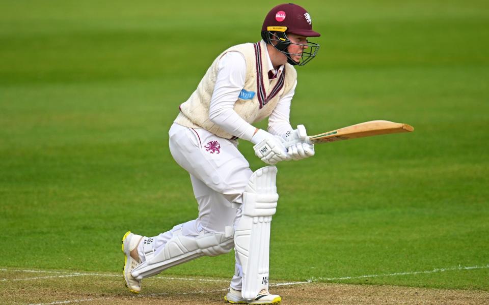 James Rew of Somerset plays a shot during Day One of the English MCC University Match between Somerset and Exeter University at The Cooper Associates County Ground on March 31, 2024 in Taunton, England