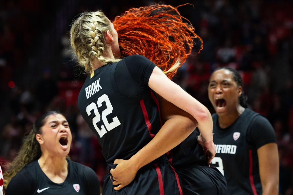 From left, Stanford Cardinal guard Talana Lepolo (10), Stanford Cardinal forward Cameron Brink (22), Stanford Cardinal forward Kiki Iriafen (44) and Stanford Cardinal forward Nunu Agara (3) celebrate during a college women’s basketball game between the Utah Utes and the Stanford Cardinal at the Jon M. Huntsman Center in Salt Lake City on Friday, Jan. 12, 2024. Stanford won the game 66-64. | Megan Nielsen, Deseret News