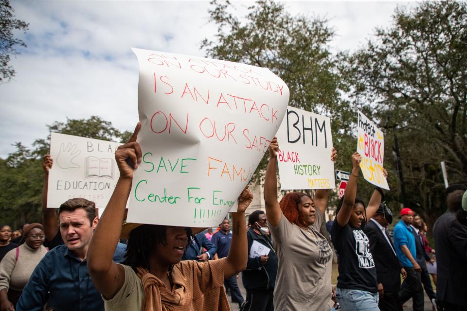 Hundreds participated in the National Action Network demonstration in response to Gov. Ron DeSantis’s efforts to minimize diverse education. The activists chanted and carried signs while making their way from Bethel Missionary Baptist Church in Tallahassee, Florida to the Capitol building Wednesday, Feb. 15, 2023. Al Sharpton was the keynote speaker at the rally on the steps of the Senate portico. 