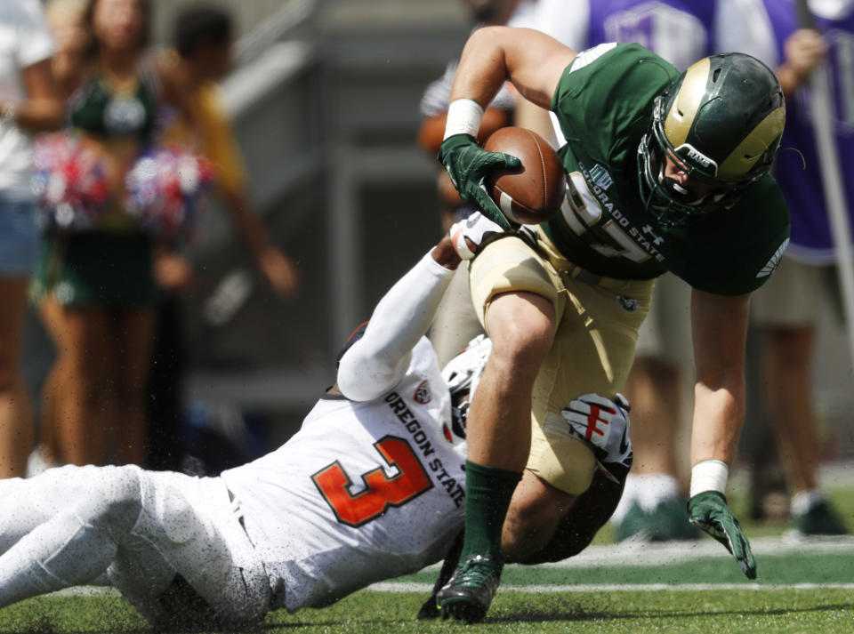 Colorado State wide receiver Trey Smith has two catches in the first half. (AP Photo/David Zalubowski)