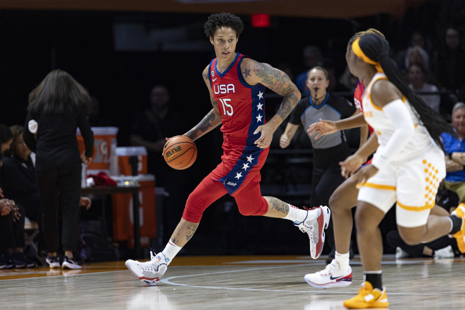Team USA center Brittany Griner (15) brings the ball upcourt during the first half of an NCAA college basketball exhibition game against Tennessee, Sunday, Nov. 5, 2023, in Knoxville, Tenn. (AP Photo/Wade Payne)