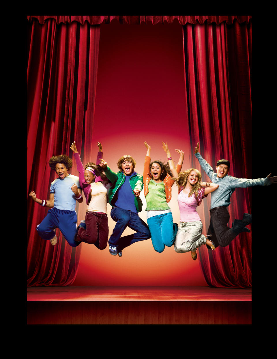 Poster for "High School Musical" featuring the main cast jumping in the air