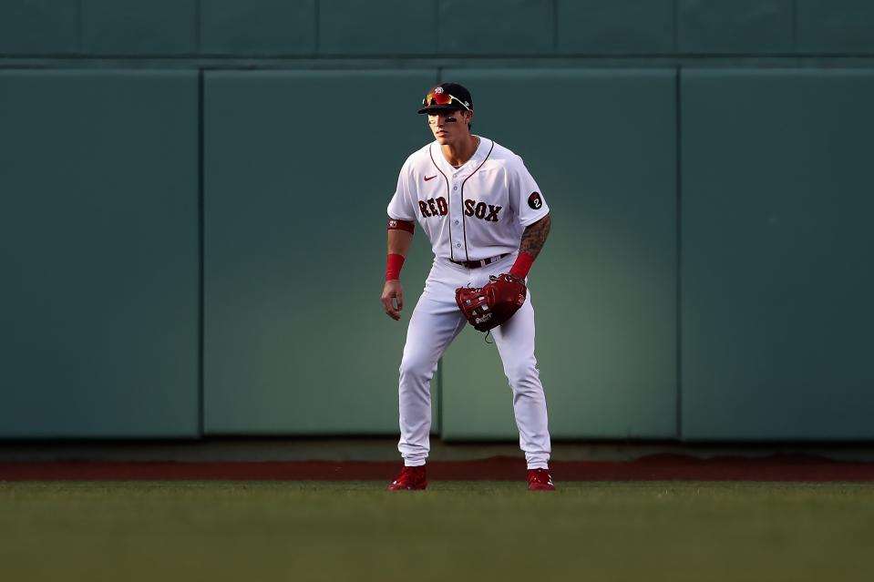 Boston Red Sox's Jarren Duran plays against the New York Yankees during the first inning of a baseball game, Saturday, July 9, 2022, in Boston. (AP Photo/Michael Dwyer)