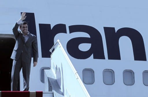 Iranian President Mahmoud Ahmadinejad waves upon his departure to the United States to attend the UN General Assembly on September 22, 2012. The EU is working on more sanctions as Ahmadinejad seeks to counter the pressure on his country at this week's UN General Assembly in New York