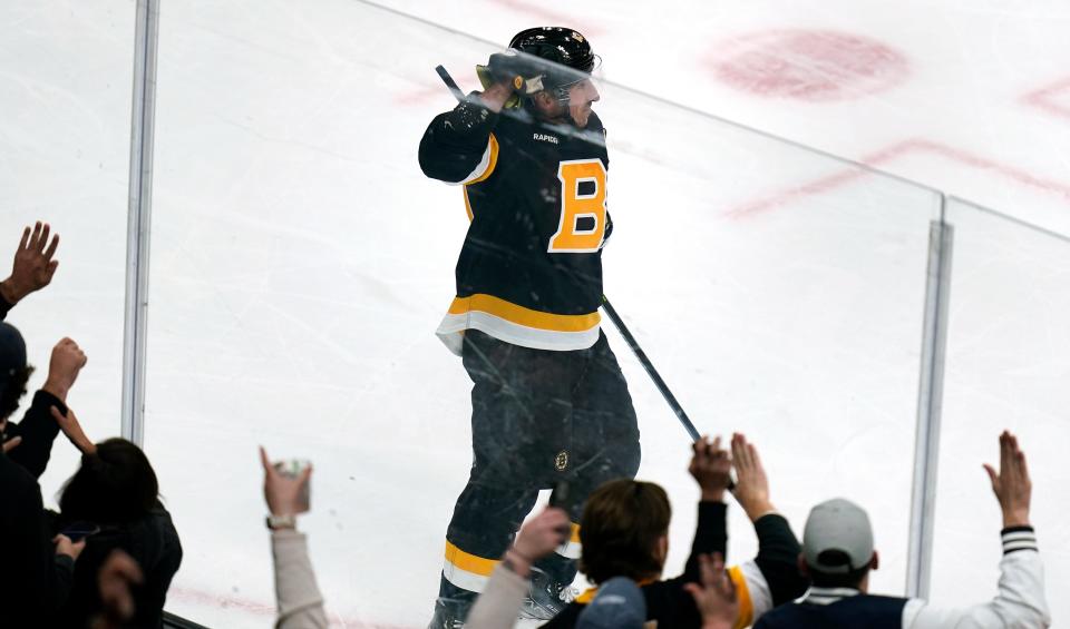 Bruins left wing Brad Marchand celebrates after his goal during the second period of Thursday's game.