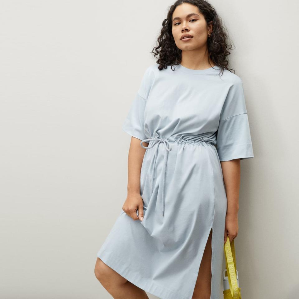 The Luxe Cotton Tie-Front Tee Dress in Sky. Image via Everlane.