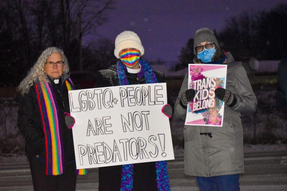Locals Stephani Lohman, Pippa Linzwright and MJ Hubert joined the group of trans advocates on Golf Road to protest the "Stolen Innocence" panel hosted by Parents on Patrol inside the Ingleside Hotel.