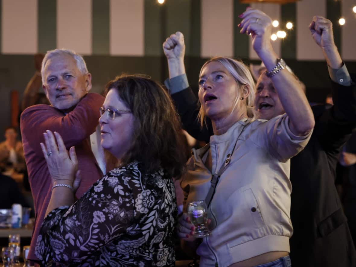 United Conservative Party faithful gather to watch election returns in Calgary. (Jeff McIntosh/The Canadian Press - image credit)