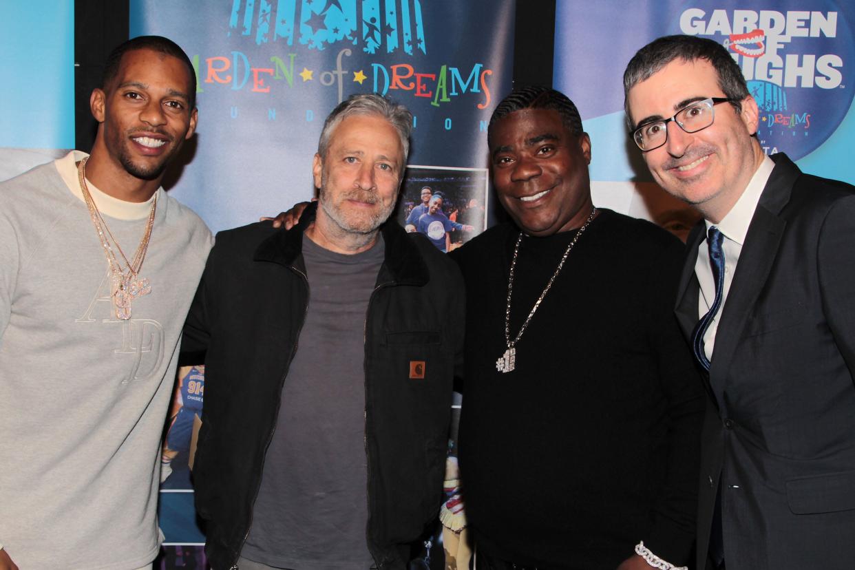 Victor Cruz, Jon Stewart, Tracy Morgan and John Oliver at the 2019 Garden of Laughs benefit at the Hulu Theater at Madison Square Garden.