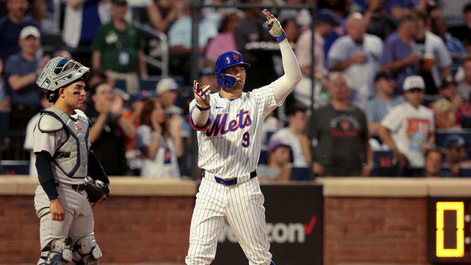 June 25, 2024;  New York City, New York, USA;  New York Mets left fielder Brandon Nimmo (9) reacts after hitting a two-run home run against the New York Yankees during the fourth inning at Citi Field. 