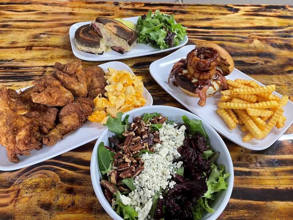 The Kelly Salad, Southern fried chicken and macaroni and cheese, a Trenton Reuben and a Pit Life BBQ Burger at Ray's Roadside Kitchen in Cream Ridge.