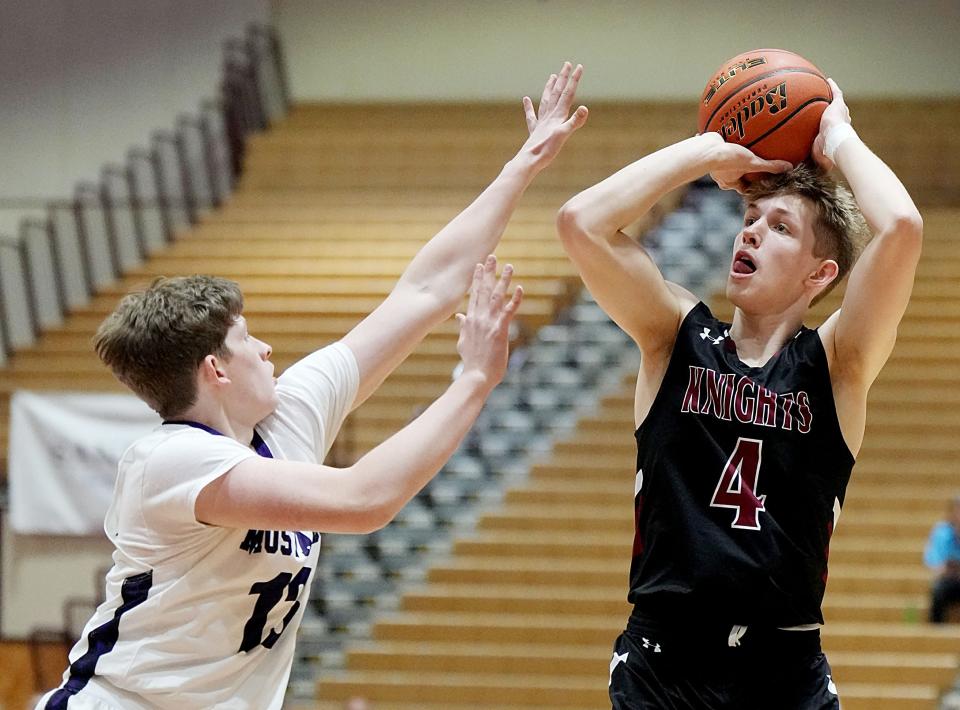 Aberdeen Christian's Ethan Russell helped the third-rated Class B Knights open their 2022-23 high school boys basketball season with a 74-45 win over James Valley Chistian.