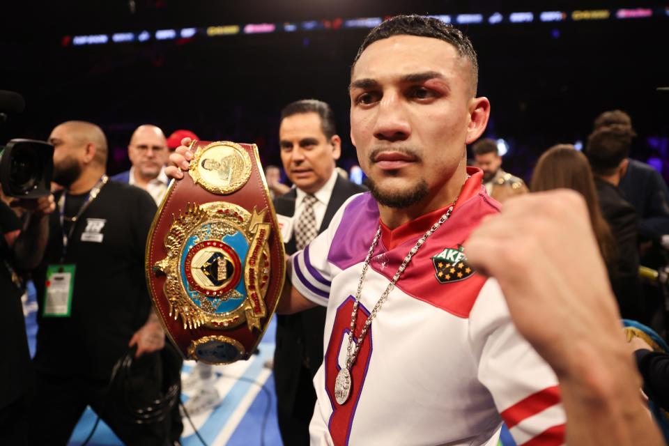 LAS VEGAS, NEVADA - FEBRUARY 08: Teofimo Lopez celebrates defeating Jamaine Ortiz to retain the WBO junior welterweight title at Michelob ULTRA Arena on February 08, 2024 in Las Vegas, Nevada. (Photo by Jamie Squire/Getty Images)