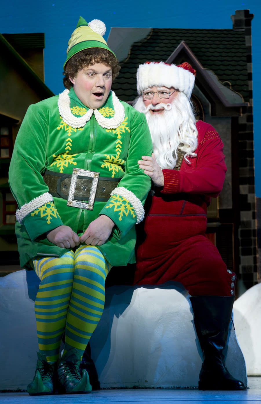 This undated publicity photo provided by The Hartman Group shows Wayne Knight, right, as Santa and Jordan Gelber as Buddy, in a scene from "Elf" at the Al Hirschfeld Theatre in New York. (AP Photo/The Hartman Group, Joan Marcus)
