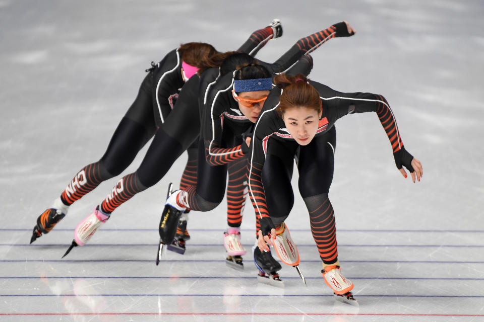 <p>Chinese Ladies’ Team Pursuit train ahead of the PyeongChang 2018 Winter Olympic Games at Gangneung Oval on February 8, 2018 in Pyeongchang-gun, South Korea. (Photo by Harry How/Getty Images) </p>