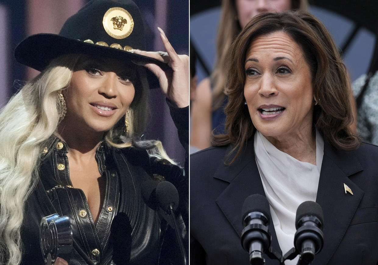 Beyoncé at the iHeartRadio Music Awards on April 1, left, and Vice President Kamala Harris at the White House on July 22. 