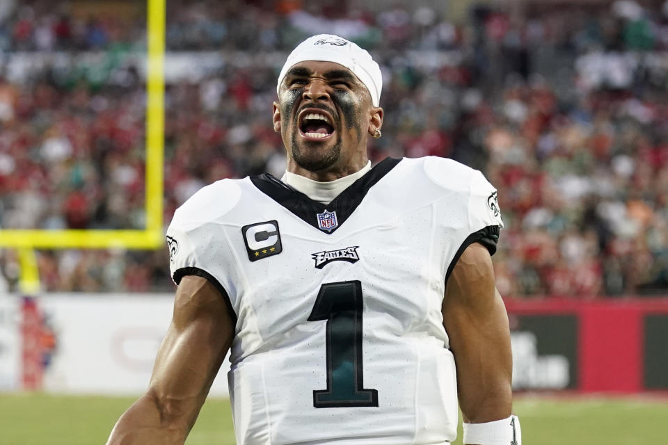 Philadelphia Eagles' Jalen Hurts reacts before an NFL football game against the Tampa Bay Buccaneers, Monday, Sept. 25, 2023, in Tampa, Fla. (AP Photo/Chris O'Meara)