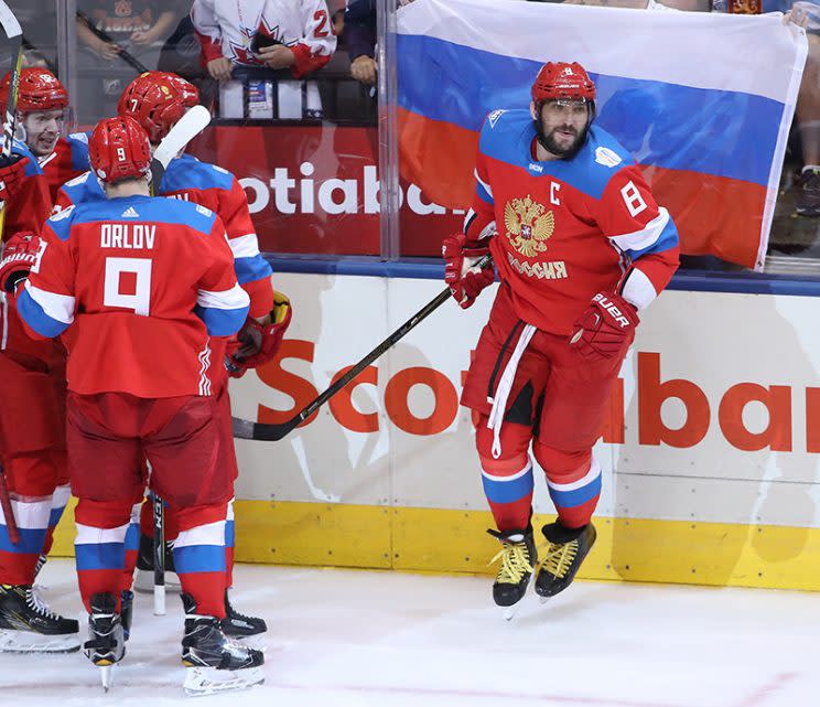 Alex Ovechkin of Team Russia celebrates a second period goal by Vladimir Tarasenko (Photo by Tom Szczerbowski/Getty Images)