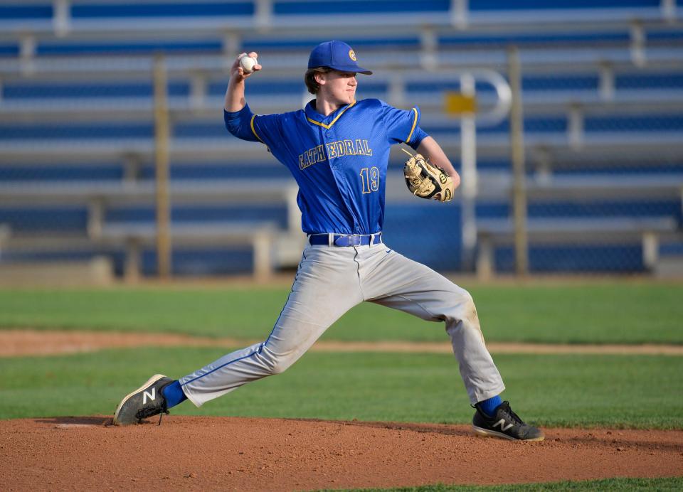 Cathedral's Talen Bragelman gets the starting nod on the mound against Pierz on Friday, May 21, 2021, at Joe Faber Field at the MAC. 