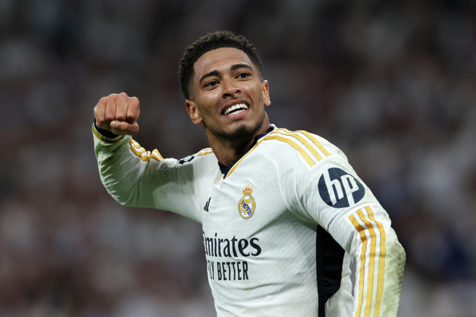 MADRID, SPAIN - MAY 08: Jude Bellingham of Real Madrid celebrates after the team's victory and reaching the UEFA Champions League Final following the UEFA Champions League semi-final second leg match between Real Madrid and FC Bayern München at Estadio Santiago Bernabeu on May 08, 2024 in Madrid, Spain. (Photo by Clive Brunskill/Getty Images)