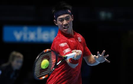 Britain Tennis - Barclays ATP World Tour Finals - O2 Arena, London - 14/11/16 Japan's Kei Nishikori in action during his round robin match against Switzerland's Stanislas Wawrinka Reuters / Stefan Wermuth Livepic