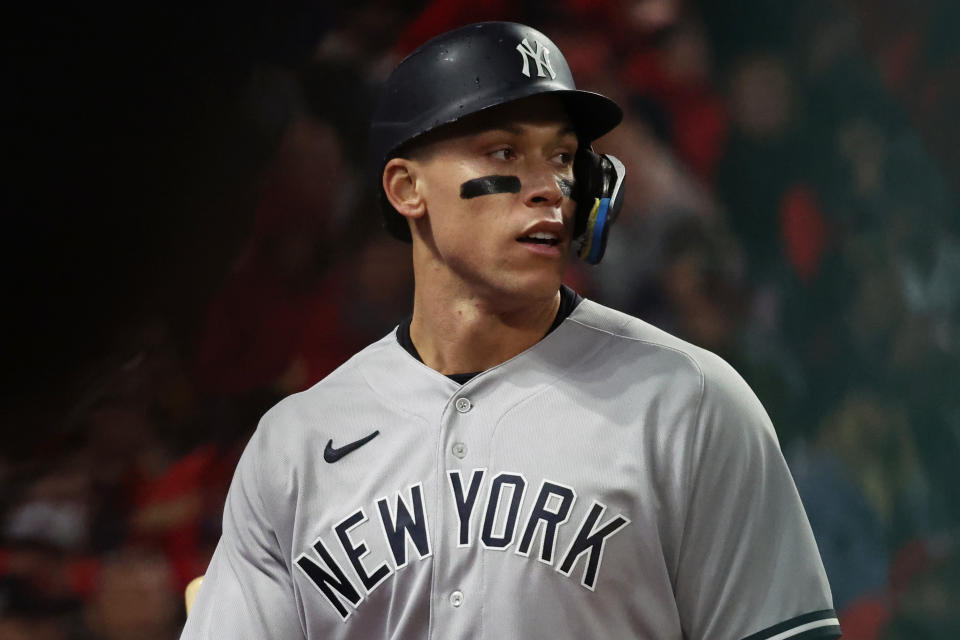CLEVELAND, OH - OCTOBER 16: Aaron Judge #99 of the New York Yankees looks on after scoring in the sixth inning during the game between the New York Yankees and the Cleveland Guardians at Progressive Field on Sunday, October 16, 2022 in Cleveland, Ohio. (Photo by Mary DeCicco/MLB Photos via Getty Images)