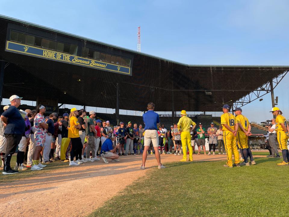 The tryout for the Savannah Bananas Premier Team and the Party Animals drew nearly 100 candidates on Saturday at Grayson Stadium. 