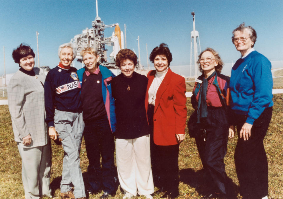 In this 1995 file photo, members of the FLATs, also known as the "Mercury 13," gather for a photo as they attend a shuttle launch in Florida. From left are Gene Nora Jessen, Wally Funk, Jerrie Cobb, Jerri Truhill, Sarah Rutley, Myrtle Cagle and Bernice Steadman. They were the invited guests of space shuttle pilot Eileen Collins, the first female shuttle pilot and later the first female shuttle commander. Cobb, NASA’s first female astronaut candidate, died in Florida at the age of 88 on March 18, 2019. (NASA via AP)