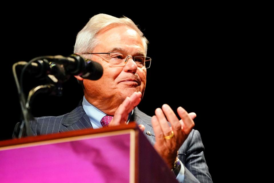 U.S. Senator Bob Menendez (D-NJ) speaks during the twelfth annual Evangelina Menendez women's history month celebration at Montclair State Univeristy on Sunday, March 26, 2023.