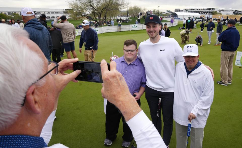 Arizona Diamondbacks pitcher Brandon Pfaadt poses for a picture with Devin Osinski (L) and Preston Hite (R) during the Special Olympics Putting Challenge at the WM Phoenix Open at TPC Scottsdale on Feb. 6, 2023.