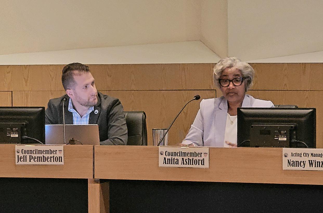 Councilwoman Anita Ashford speaks during a Port Huron City Council meeting on Monday, April 10, 2023, while Councilman Jeff Pemberton watches on inside the Municipal Office Center meeting chambers.