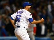 October 13, 2015; Chicago, IL, USA; Chicago Cubs relief pitcher Hector Rondon (56) reacts after striking out St. Louis Cardinals left fielder Stephen Piscotty (55) for the final out of the ninth inning in game four of the NLDS at Wrigley Field. Mandatory Credit: Jerry Lai-USA TODAY Sports