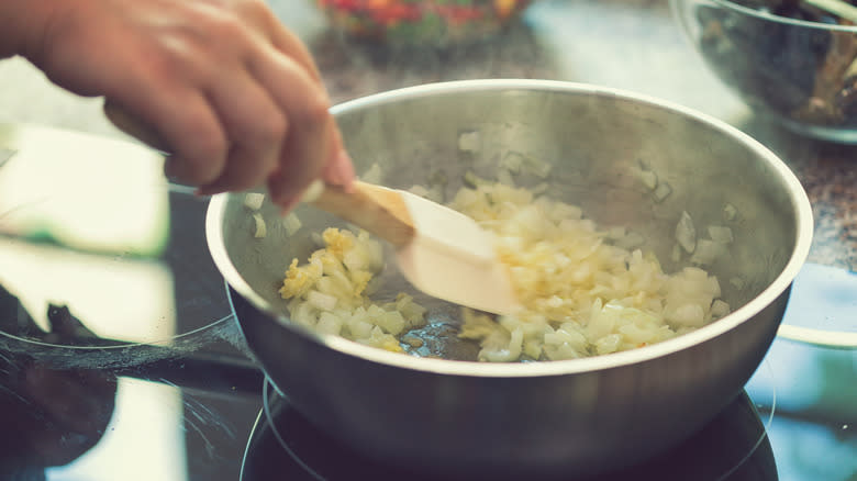 Onions frying in a pan