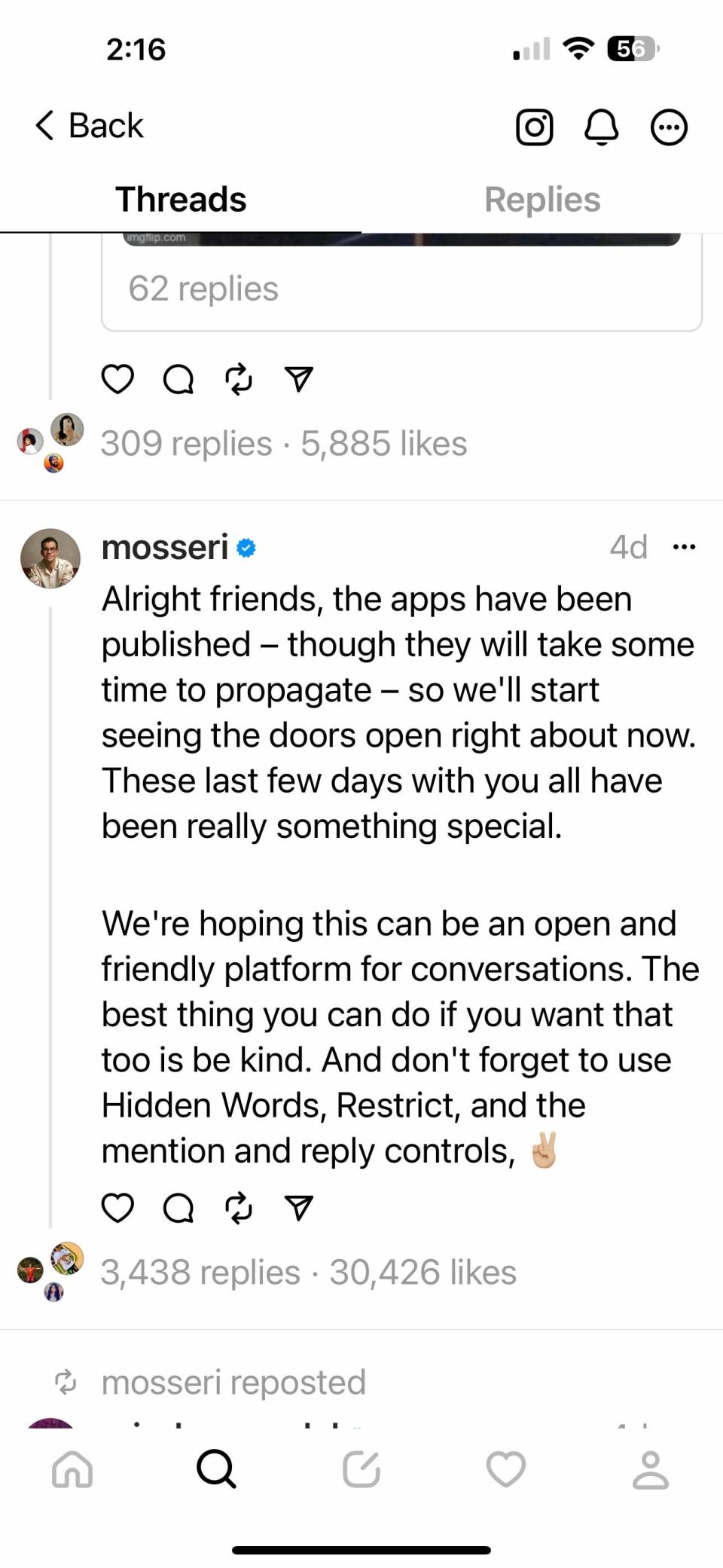 Instagram CEO Adam Mosseri on his Threads account.