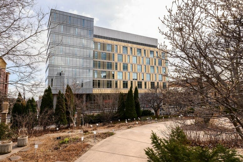 The exterior of the new instructional tower of the Chemistry Building, as seen from the Botany Garden across the street.