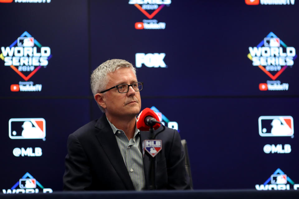 WASHINGTON, DC - OCTOBER 24:  President of Baseball Operations and General Manager Jeff Luhnow of the Houston Astros talks to the media during the press conference during the World Series Workout Day at Nationals Park on Thursday, October 24, 2019 in Washington, District of Columbia. (Photo by Alex Trautwig/MLB Photos via Getty Images)