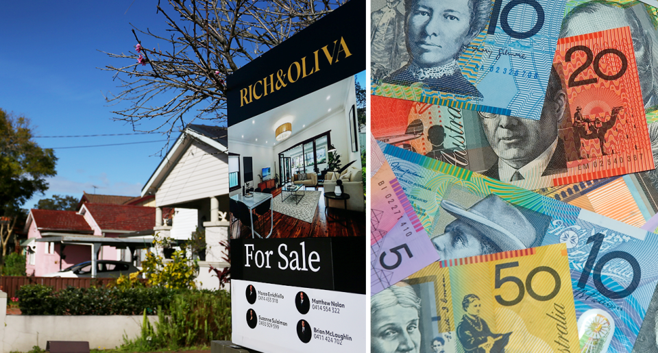 A composite image of a home in an Australian suburbs with a for sale sign out the front and Australian currency to represent the cost of a home loan.