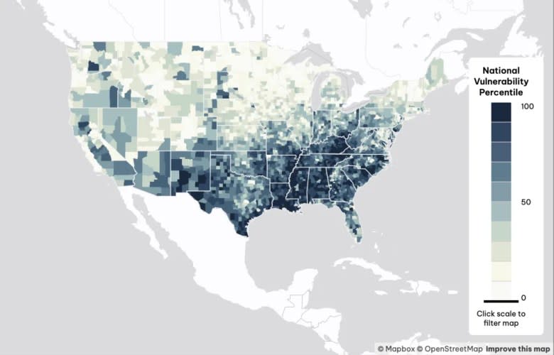 The country’s most climate vulnerable counties are concentrated in the Southeast, according to the most comprehensive climate risk data available. (Climate Vulnerability Index)