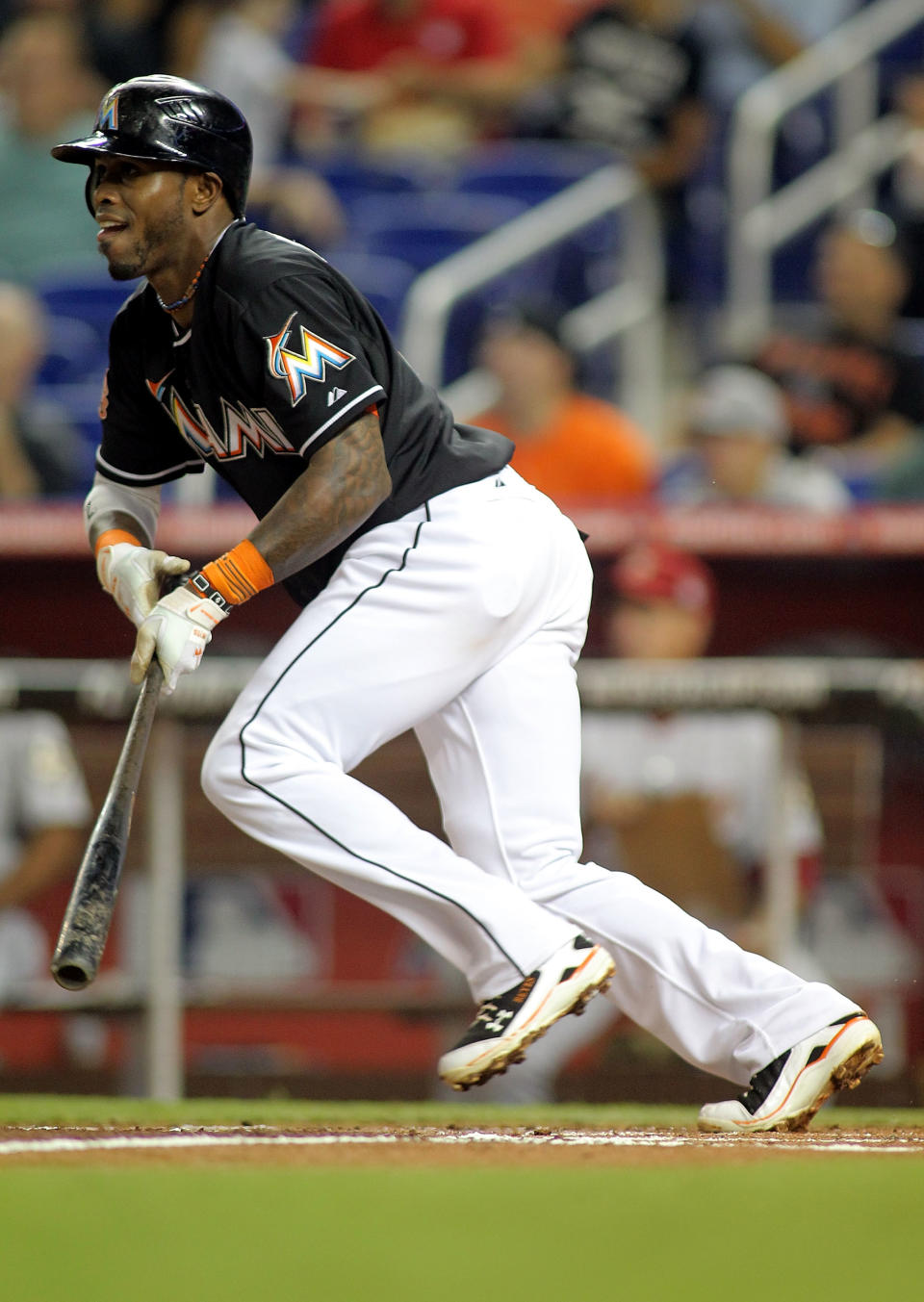 MIAMI, FL - APRIL 13: Jose Reyes #7 of the Miami Marlins gets a hit against the Houston Astros at Marlins Park on April 13, 2012 in Miami, Florida. (Photo by Marc Serota/Getty Images)